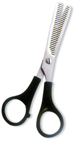 Thinning Scissor. Double Blade Teeth. Plastic Handle. Satin Finish.