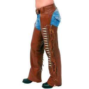 Brown Leather Chaps With Fringe & Bone Beading