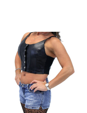 Snap-Up Black Lambskin Leather Tank Top